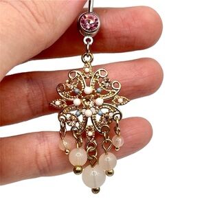 Pink Dangly Belly Button Navel Ring Surgical Stainless Steel 14g